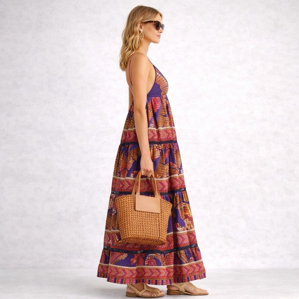 NWT Farm Rio Blue Forest Mosaic Maxi Dress Size:L Boho Tiered V Neck MSRP:$230 - Picture 5 of 12